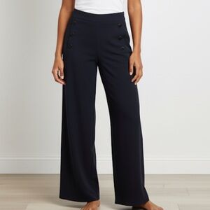 ❤ DKNY Navy Sailor nautical Button flat front High Rise Wide Leg Pant Size 10